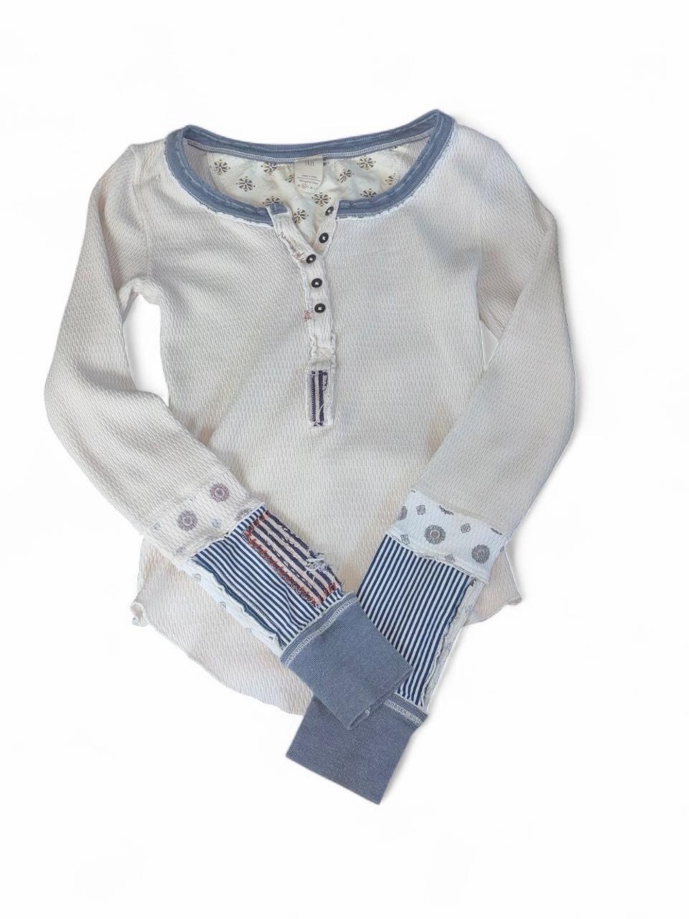 We The Free Cream Long Sleeve Thermal Top with Blue Trim and Striped Cuffs